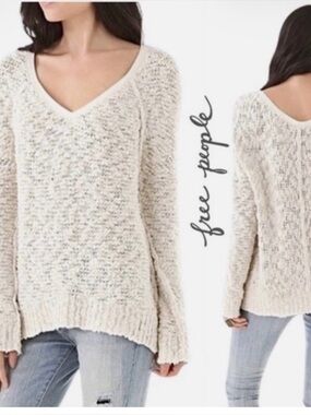 Free People S white V neck songbird popcorn oversized chunky boho cozy sweater